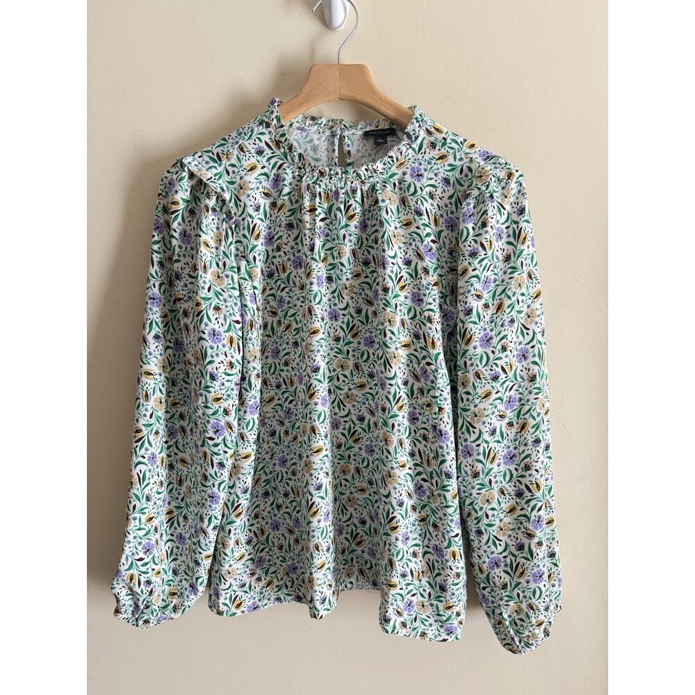 Ann Taylor Women’s Floral Blouse Long Sleeve Ruffle Neck Cottagecore Boho Top M